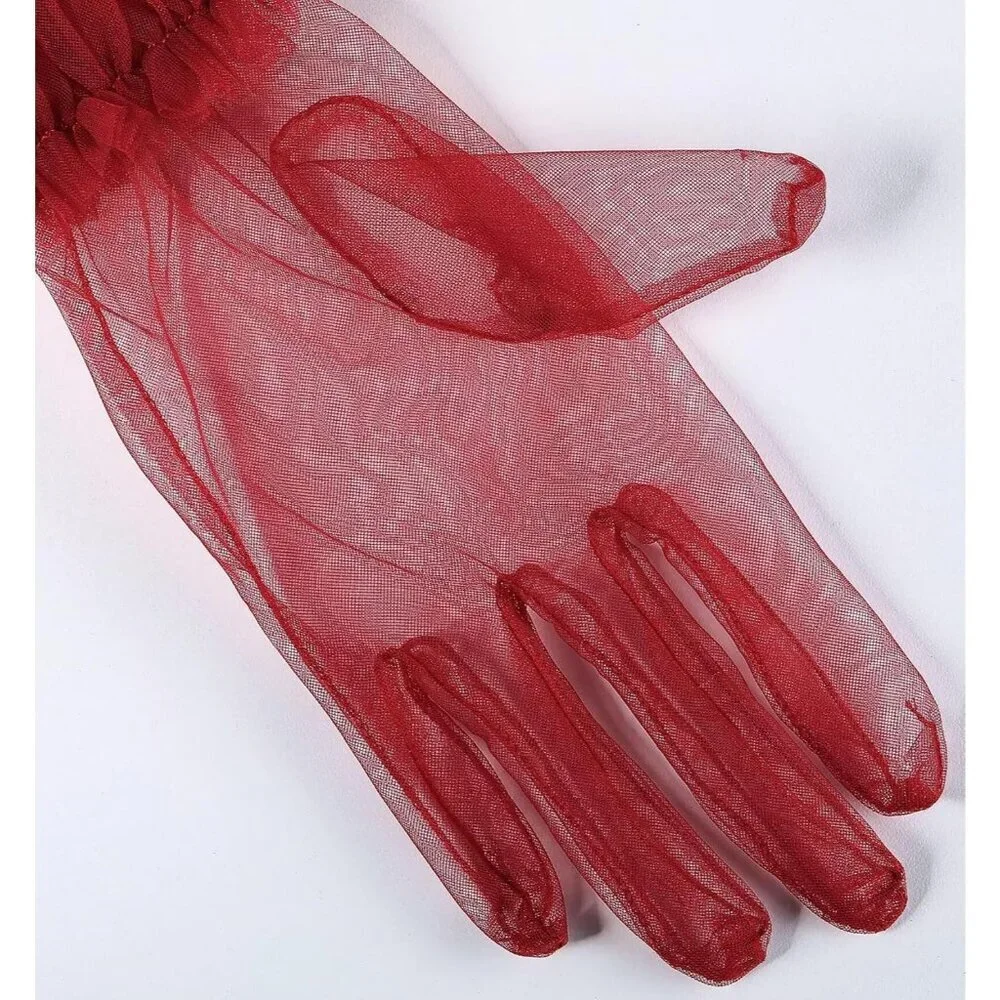 Women's Puffy Ruffle Burgundy Tulle Sheer Mesh Party Prom One Size Short Gloves